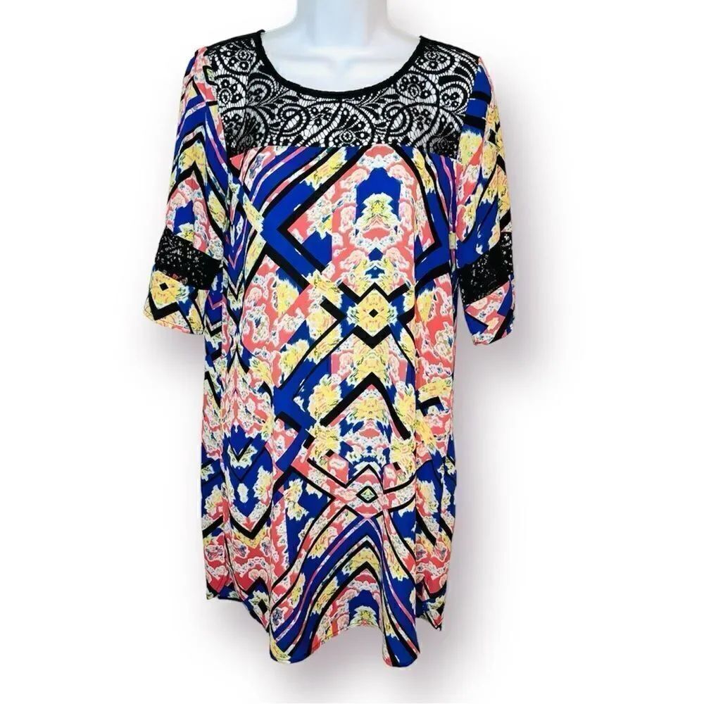 Socialite Watercolor Floral Geometric Black Lace Yoke Mini Dress Royal Blue S